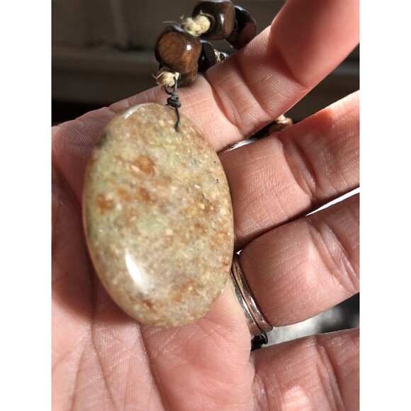 Autumn Jasper Stone Pendant Necklace w Square Wooden Beads Boho Handmade Hippie - Picture 9 of 16
